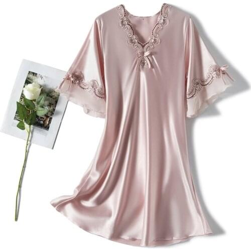 Summer V-Neck Nightgown Women Sleep Dress Satin Nightdress Lace Short Sleeve Casual Sleepwear Home Dressing Gown Nightwear