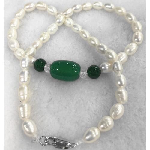 NEW 7-8mm freshwater Rice pearl Green stone necklace 20"AAA Tibetan silver clasp