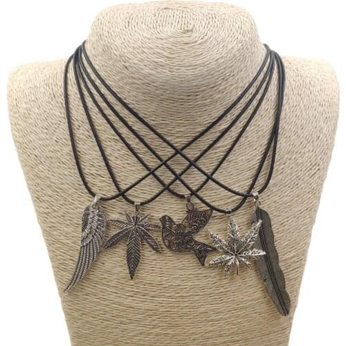 2021 Antique Rereo Silver Color Maple Leaves Feather Wax Rope Pendant Necklace High Quality Ethnic Style Women Men AV035