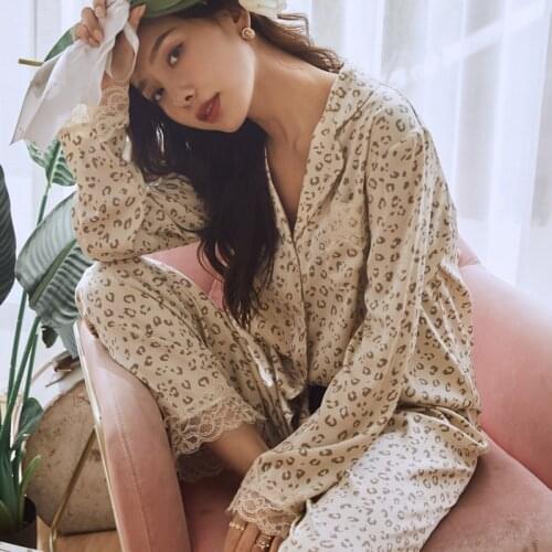 Sexy Silk Pajamas for Women Autumn Long Sleeve Sleepwear Suit Female Korean Leopard Grain Print Homewear 2 Piece Loungewear 2XL