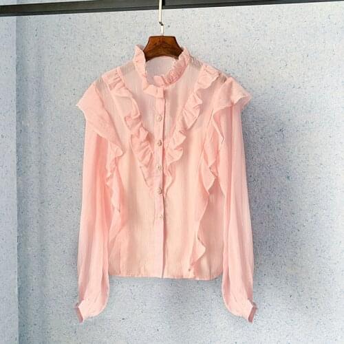 Fashion Sweet Design Chiffion Shirt Lotus Leaf Lantern Sleeve Loose Solid Color Pink Top Blouses Summer Women Clothes