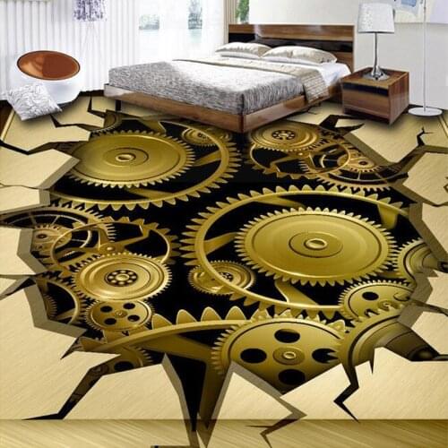 Customized 3D Metal Mechanical Gear Crack Floor Mural Living Room Bedroom Bathroom Floor Backdrop PVC Self-adhesive Wallpaper
