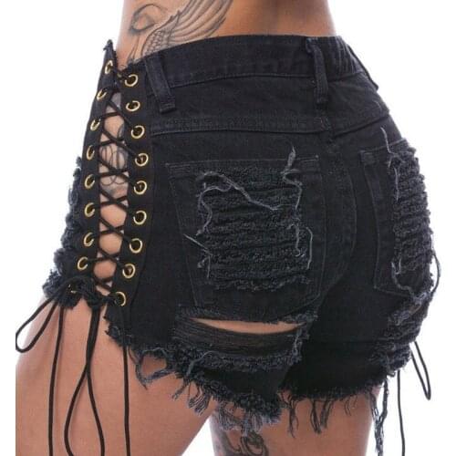 Sexy Hot Summer Black White Shorts Women Denim Ripped Shorts Jeans High Waist Hip-hop Girl Tassel Elastic Lace Up Bandage Shorts