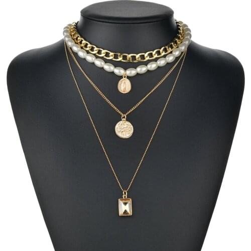 Vintage Round Square Portrait Relief Coin Pearl Multiple Chains Necklace for Women Men Girls Neck Collar Jewelry Gift Wholesale