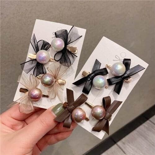 Korean Pearl Lace Bow Hairpins Hair Clips Artificial Leather Bowknot Luxury Jewelry Hairgrips Hair Accessories for Women Girls