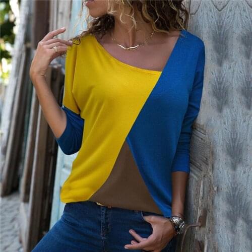 2019 Long Sleeve T-Shirt Women Casual Loose Tops Tee Shirt Femme Patchwork Sexy V-Neck Female T Shirts