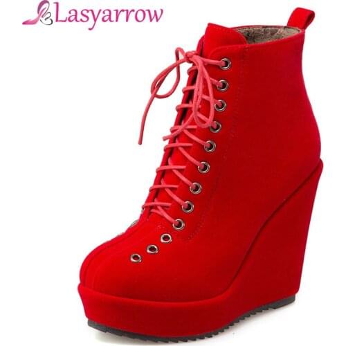 Lasyarrow Round Toe Platform Shoes Woman Black Red Lace Up Ankle Boots For Women Fashion Casual Ladies Footwear Plus Size J129