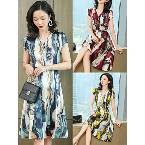 Womens Waist Slim Summer Elegant V Collar Silk dress Women Middle Aged Silk Satin Dress
