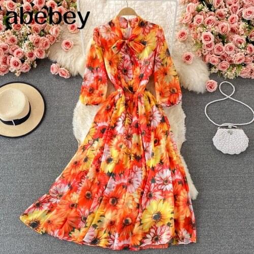 2021 New Spring Autumn Elegant V-Neck long sleeve Dress bow lace up high waist pleated print mid-long A-line big skirt Dress