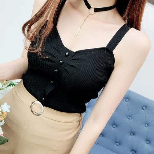 2021 Summer Womens V-neck Tank Tops Female Bodycon Knitted Buttons Simple Stretchy Camisole Sleeveless Tee Shirts Women Y835