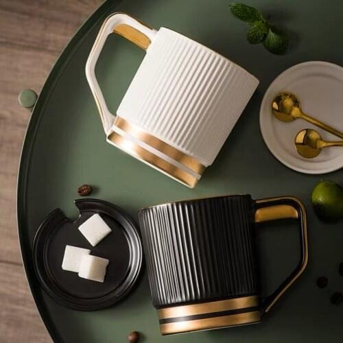 400ml Matte black and white with gold inlay ceramic mugs with lid and spoon office drinking coffee mugs cups gifts