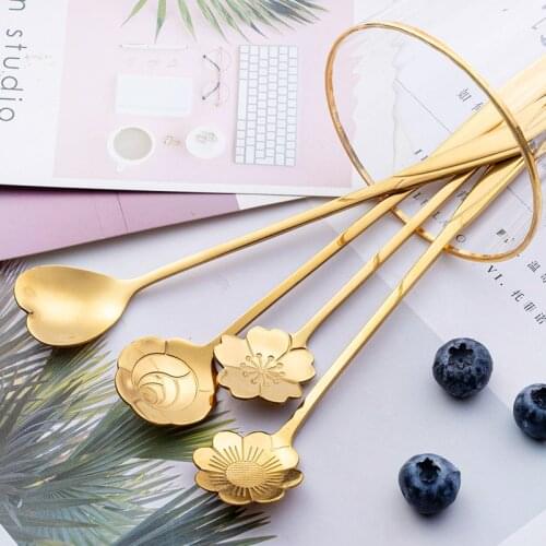 6pcs/set Stainless Steel Spoon Sakura Rose Flower Coffee Mixing Spoon Honey Dessert Ice Cream Scoop Kitchen Tableware Decor