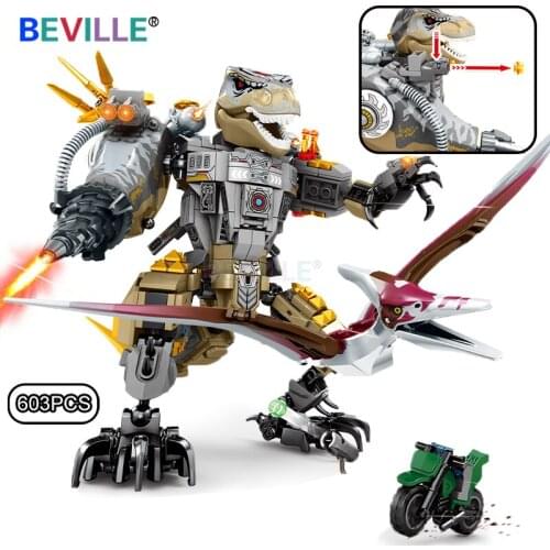 603Pcs Jurassic Dinosaurs Reload Armed Tyrannosaurus Mech Building Blocks Mechanical Dino Robot Model Figures Bricks Kids Toys