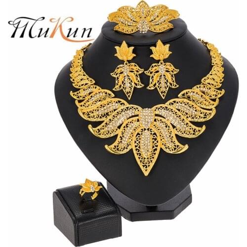 African Luxury Dubai Gold Bridal Jewelry Sets for Women Bracelet Earrings Wedding Party Crystal Necklace Ring Jewelry Sets