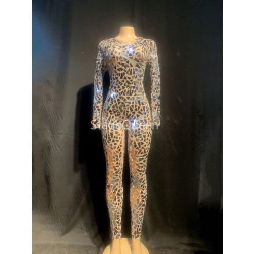 Shining Silver Mirrors Jumpsuit Mesh Dance Costume Women stage Performance Dance Net Yarn Bodysuit Sexy Nightclub DS DJ Wear
