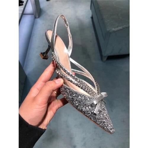 Womens Sandals Spring/summer 2021 New Pointed Bow Sequined Rhinestone Stiletto Sandals Women Shoes