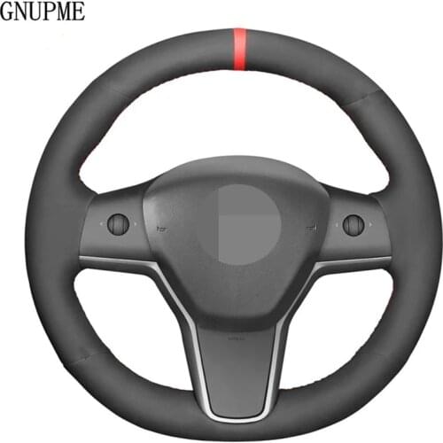 DIY Hand-Stitched Soft Non-slip Black Genuine Leather Suede Car Steering Wheel Cover For Tesla Model 3 2017 2018 2019 2020