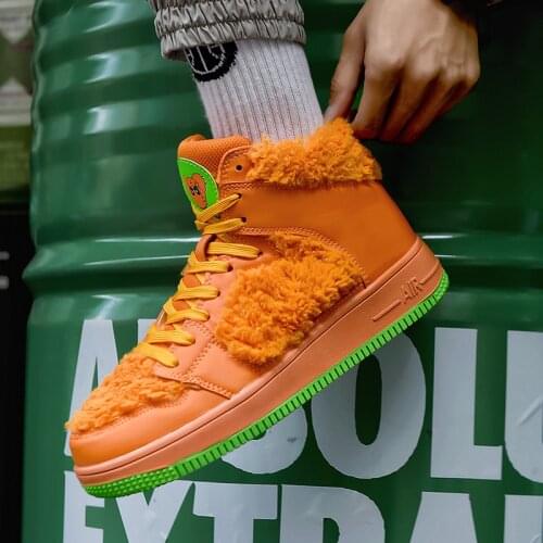 New Trendy Orange Sneakers Men Couple High Top Shoes Autumn Winter Comfortable Platform Casual Skateboard Shoes Men Fur Sneakers