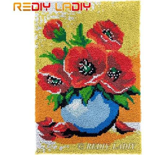 Latch Hook Kits Red Poppies Vase DIY Carpet Rug Lush Tapestry Kits Chunky Yarn Knitted Floor Mat Crochet Cushion Crafts 57*87cm