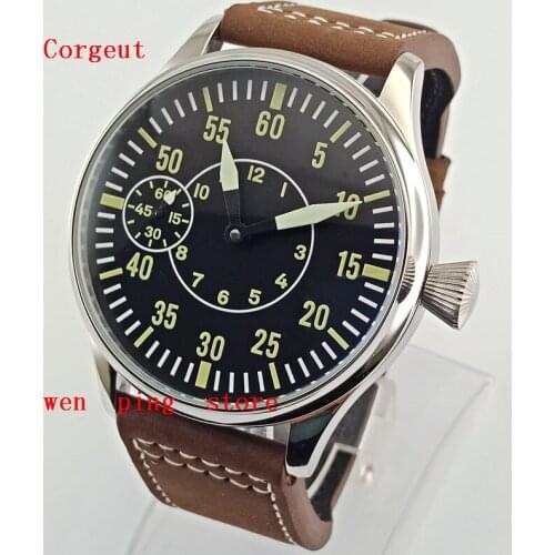 44mm CORGEUT black dial leather strap 6497 hand winding movement mens watch ww2706