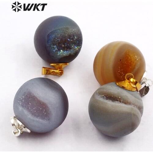 WT-P1354 WKT Wholesale Silver Plated Natural Druzy Stone Ball Pendants Necklaces Lovely Pendants For Women Trendy Jewelry
