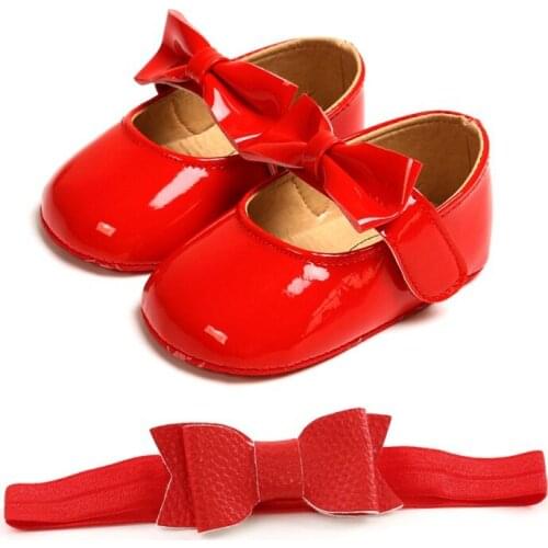 First Walkers With Bow Soft Soled Non-slip Headband Two-piece Set 0-18M Baby Girl Shoes PU Shoes