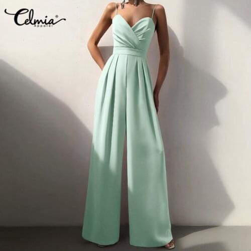 Celmia Sexy Straps Women Jumpsuit 2021 Sleeveless Backless Party Satin Overalls Pleated Solid Long Rompers Casual Wide Leg Pants