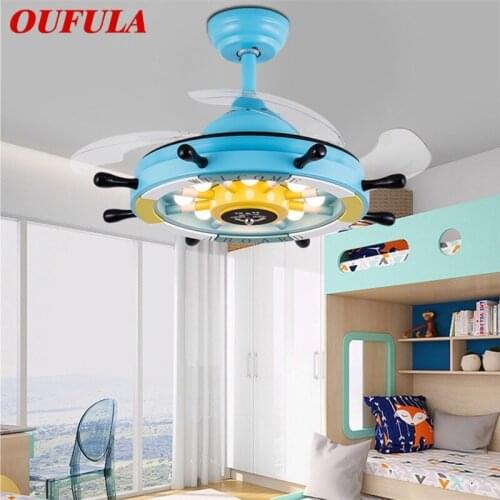 OUFULA Modern Child Ceiling Fan Lights With Remote Control 3 Colors LED Blue For Home kids Room kindergarten Bedroom Restaurant