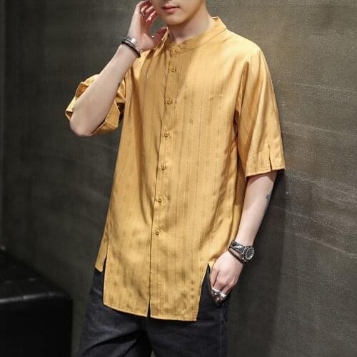 High Quality Gold Stripe Loose Fashion Stand Collar Silk Shirts Summer Blouses Chinese Style Large Size Soft Kung Fu Clothing