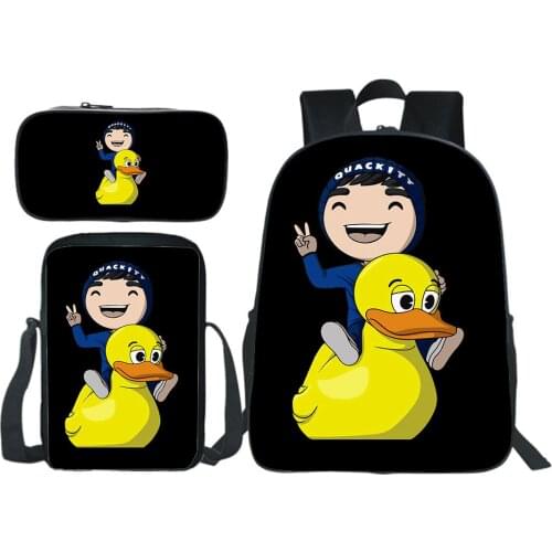 Quackity Backpack 3pcs Set Pencil Case Shoulder Bag Children Bookbag Boy Girl Bag Teen Fashion Rucksack Kids Back To School Gift