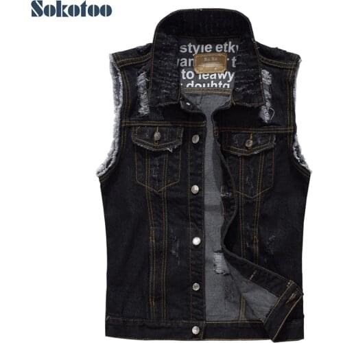 Sokotoo Mens sleeveless ripped black denim vest Plus size holes distressed fringe tank top Waistcoat