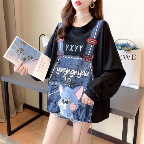 ZuoLunOuBa Spring Autumn Thin Style Women Hoody Korean Loose Print Cartoon Blue Lovely Cat Sweatshirt Long Sleeve Pullover Femal