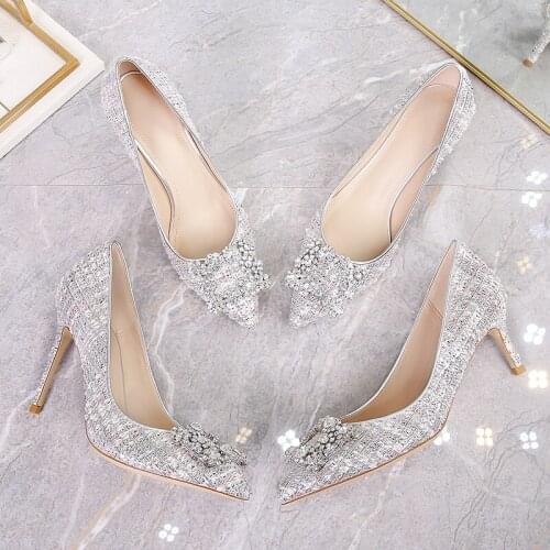 Autumn new style square buckle rhinestone pointed toe stiletto crystal bridal wedding shoes banquet dress large size womens shoe
