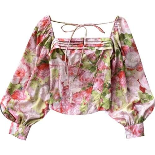 Summer New Retro Print Cropped Top Womens Temperament Square Nec kSlim Fit All-match Age-reducing Long-sleeved Shirt