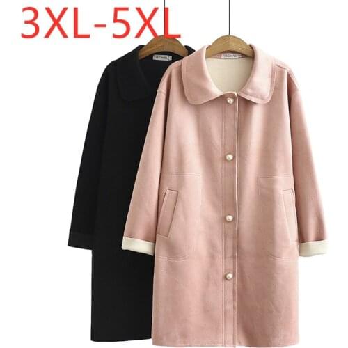 New ladies autumn winter plus size long overcoat for women large loose long sleeve pink suede pocket trench coat 3XL 4XL 5XL