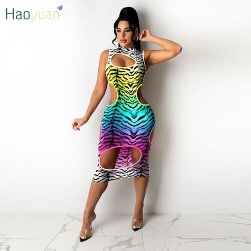 HAOYUAN Leopard Cheetah Bodycon Midi Dress Summer Outfits for Women Sexy Gradient Hollow Out Clubwear Night Party Ladies Dresses