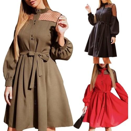 2019 Women Puff Sleeve Lace Stitching Single-breasted Waist Belt Large Swing Dress Robe Autumn Casual Long Dresses