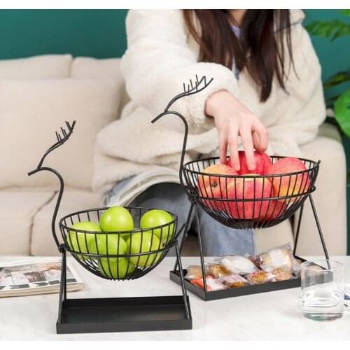 2021 New Wrought Iron Double Layer Nordic Creative Elk Fruit Basket Vegetable Organizer