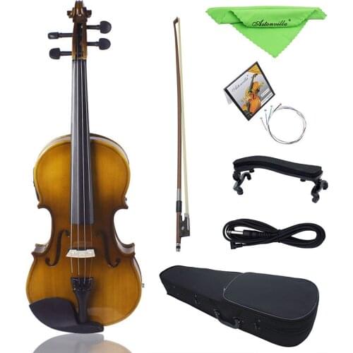 4/4 Full Size EQ Electric Violin Kit Fiddle Spruce Face Board with Violin Bow Case Shoulder Rest Cable Rosin Strings Clean Cloth