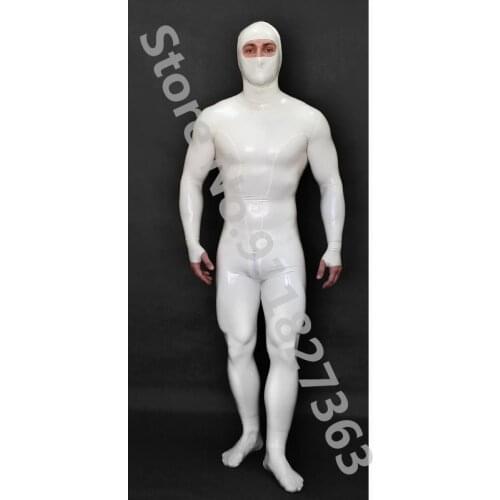 Handmade Mens White Full Body Latex Catsuit Bondage Rubber Bodysuit Hood with Back Crotch Zip