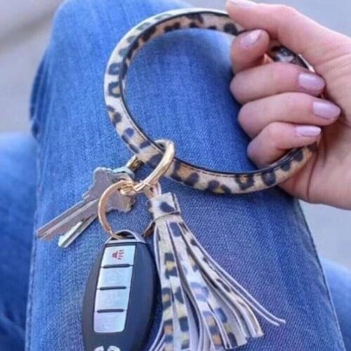 Bohemia PU Leather Wristlet Keychain bangle Fashion Leopard Snake Large Circle Keyring Tassel Bracelet for Women