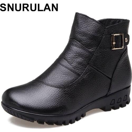 SNURULAN Fashion Winter Boots Women Genuine Leather Flat Ankle Warm Boots Woman Snow Comfortable Plus Size Boots Women Shoes