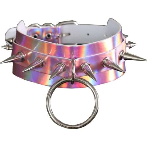 Punk style double layer color reflective PU leather collar choker chain hot style big ring pointed rivet collar collarbone chain