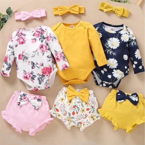 Winter Fall Newborn Baby Girls Babysuit Bodysuit Lounge Set Childrens Long Sleeve Tops T- shirt Floral shorts Clothes Set