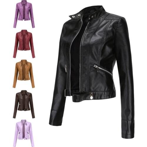 Spring Autumn Pu Faux Leather Jacket Women Black Purple Zipper Slim Short Moto Biker Jackets Coat Female Outwear