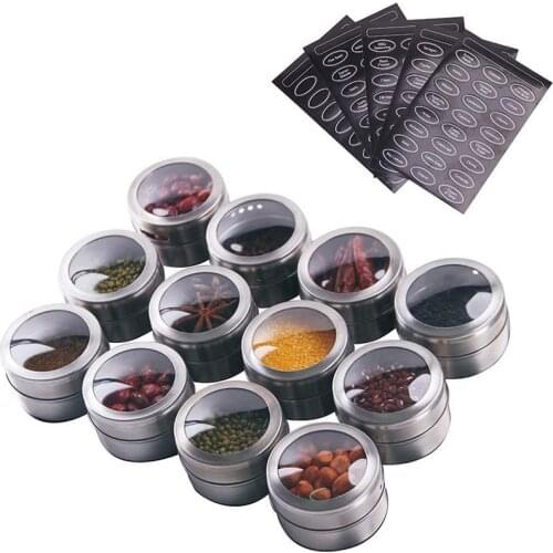 Magnetic Spice Jars, 4Pcs /12Pcs Magnetic Stainless Steel Spice Tins Spice Seasoning Containers with Wall Mounted Rack