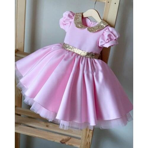 Cute Satin Sequined Bow Girls Dresses First Birthday Dress Girls Baptism Dresses Glitter Bow Little Princess Dresses
