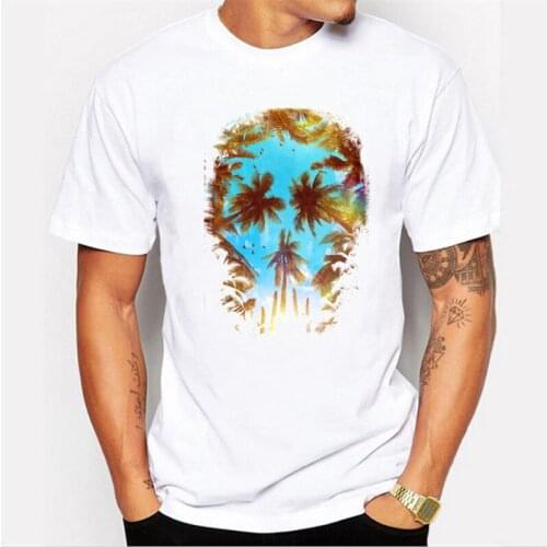 Mens casual simple white T-shirt blue balloon green coconut tree print cool summer tops