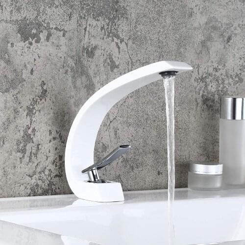 1-Handle Single Hole Solid Brass Sink Faucet for Bathroom Curved Spout with Drain Assembly , Lavatory Mixer Tap Lead Free, White