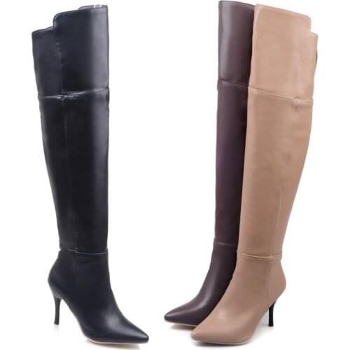 PQECFS Big size 32-45 high quality spring & autumn women solid crystal pointed toe mid-calf riding boots 3 colors